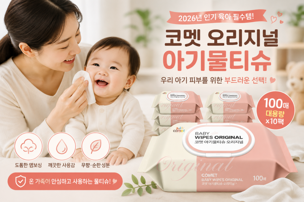 도톰한 엠보싱 원단으로 부드럽게 닦이는 100매 대용량 물티슈 제품 이미지